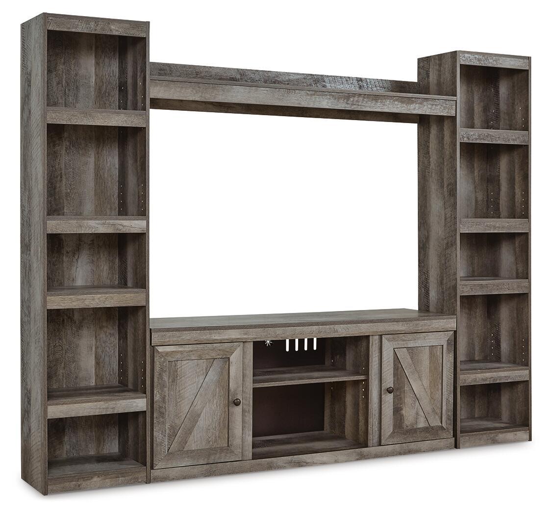 Gray 4-piece entertainment center with TV opening and side shelving units