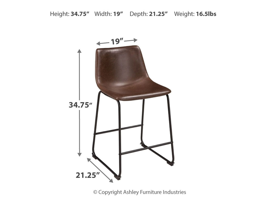 Brown upholstered barstool size diagram with curved seat, black metal legs and dimensions