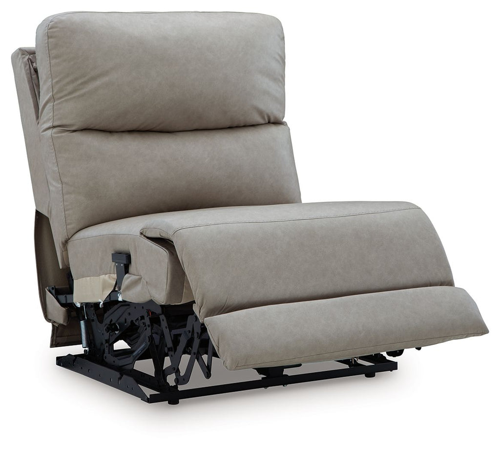 Pebble gray power armless recliner with adjustable headrest, reclined with mechanism showing