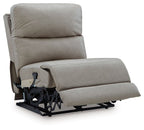 Pebble gray power armless recliner with adjustable headrest, reclined with mechanism showing