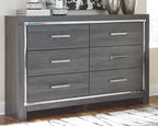 Gray dresser with six drawers and metal pulls
