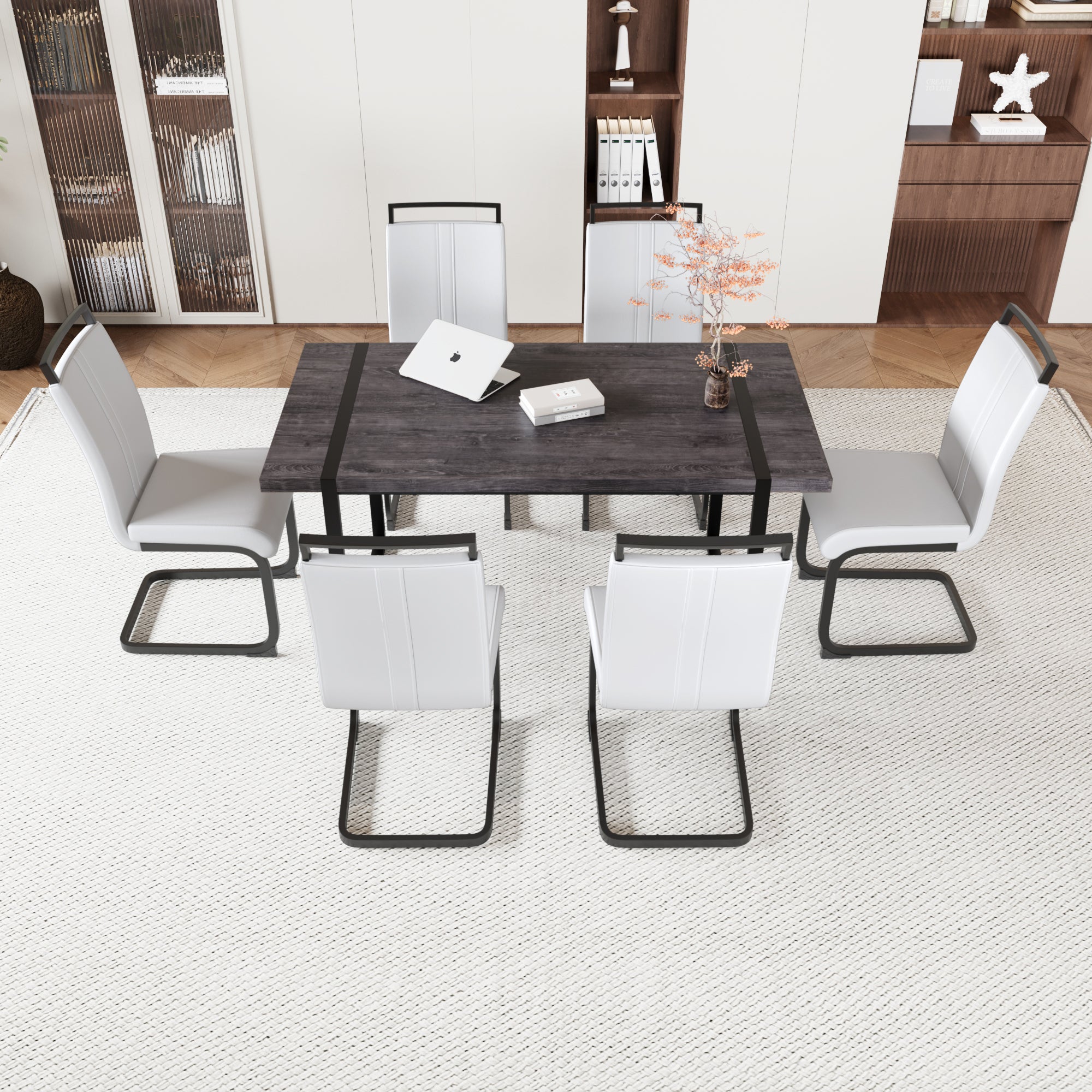 59" Black Dining Table Set for 6, Industrial Kitchen Table
