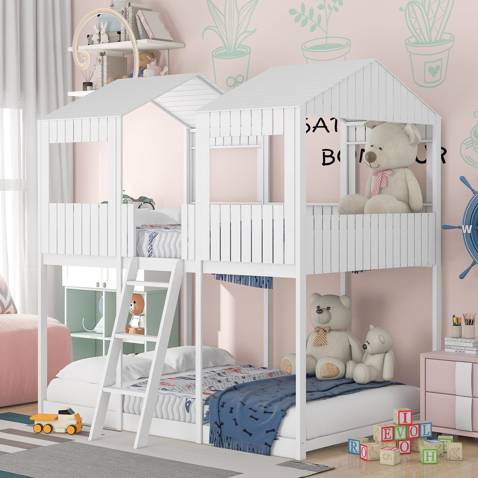 Full Over Full White Wood Bunk Bed w/ Roof, Window & Ladder