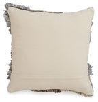 Cream throw pillow with gray fringed edges and smooth front panel