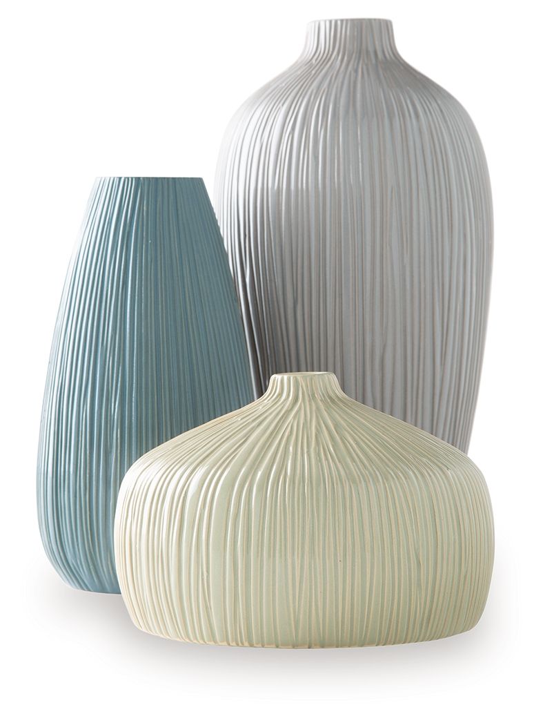 Set of 3 ribbed ceramic vases in blue, gray, and ivory, varied heights