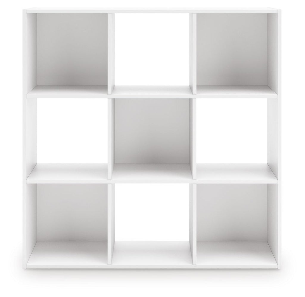 White cube organizer with 9 open cubbies in a three-by-three layout, front view