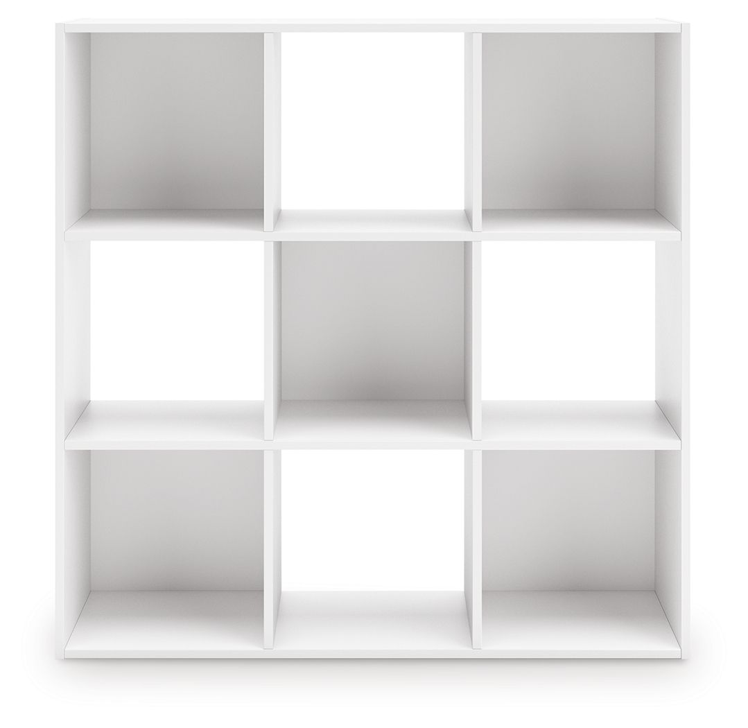 White cube organizer with 9 open cubbies in a three-by-three layout, front view