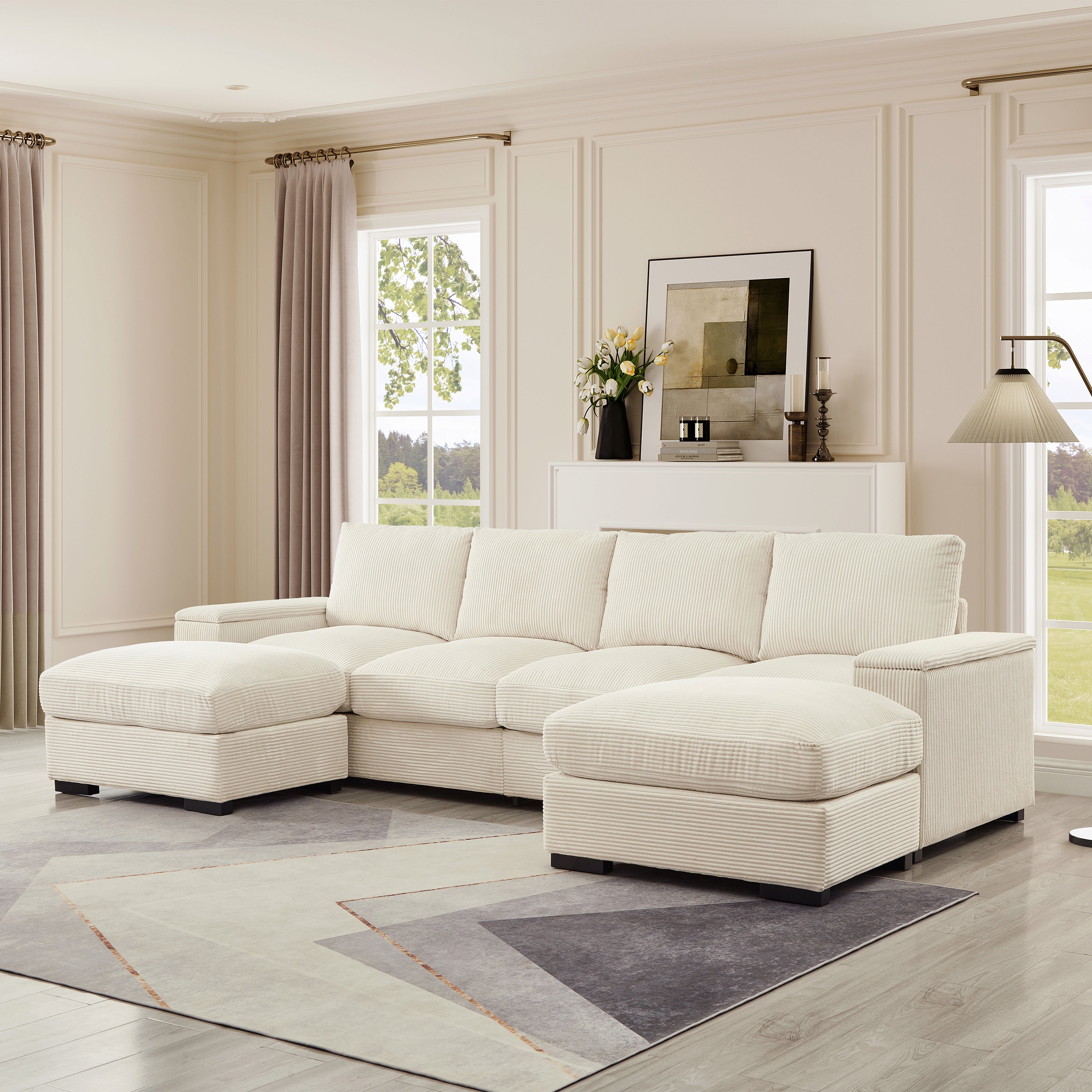 Comfy Deep Seat Corduroy Sleeper Sectional Sofa+Ottomans