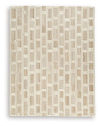 Beige geometric area rug with grid of blocks and short woven texture