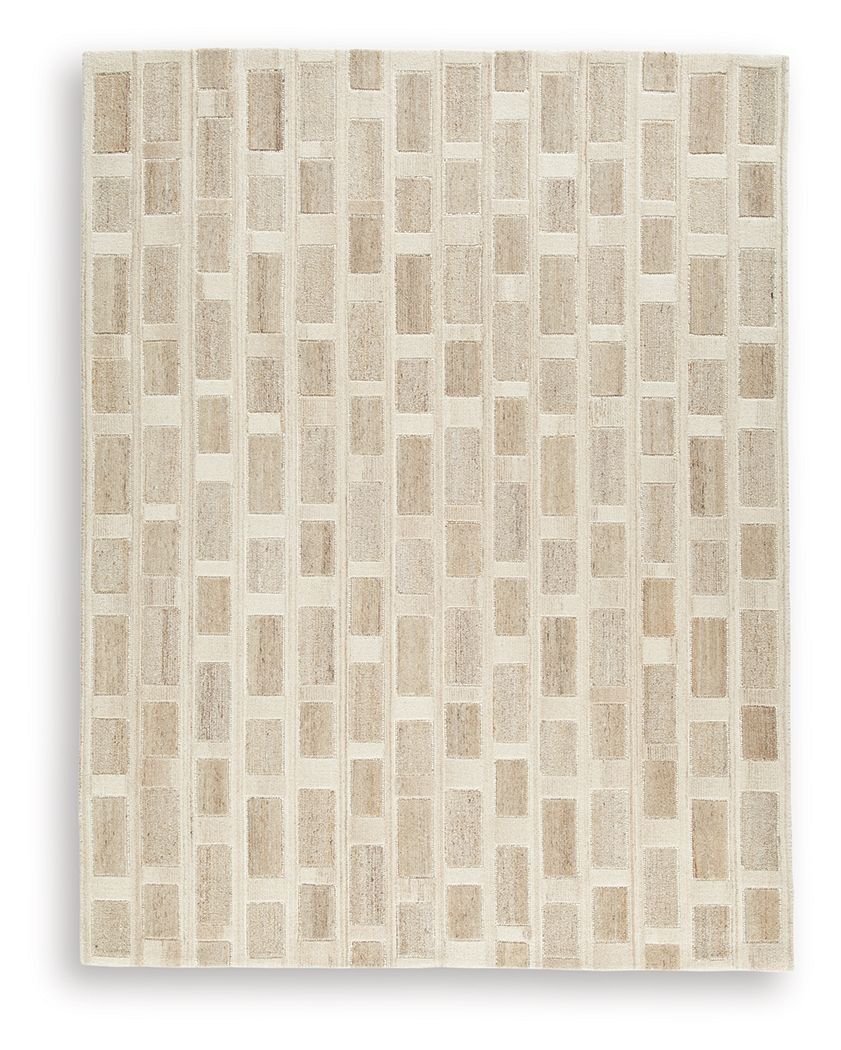 Beige geometric area rug with grid of blocks and short woven texture