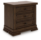 Medium brown three-drawer night stand with bar pulls