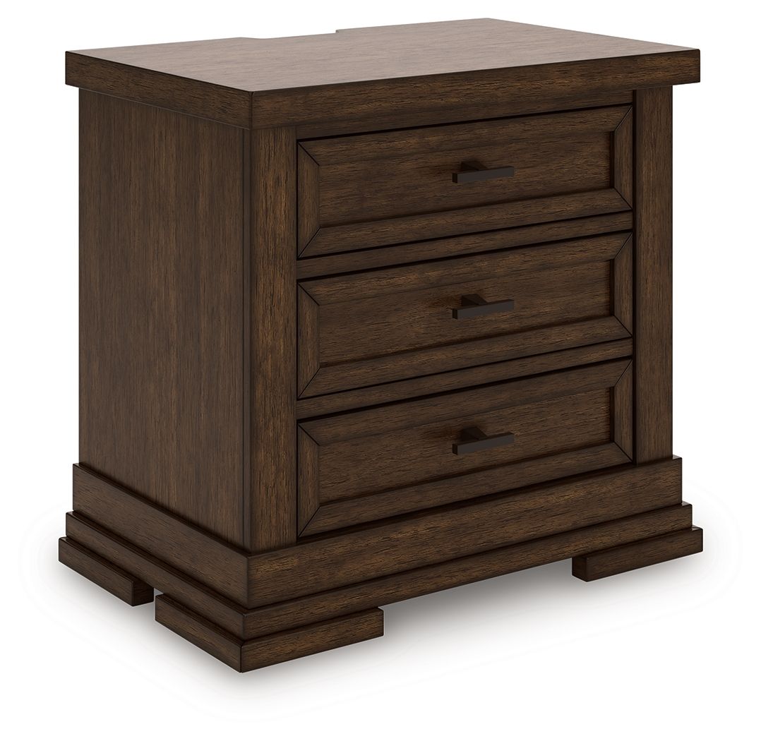 Medium brown three-drawer night stand with bar pulls
