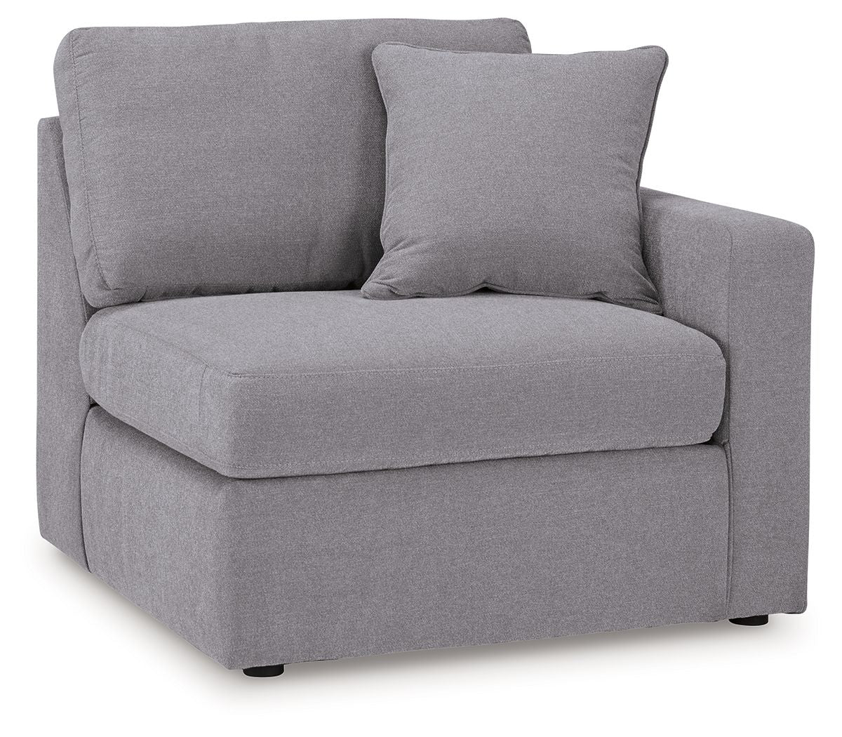 Heather gray upholstered corner chair with squared arms and padded seat