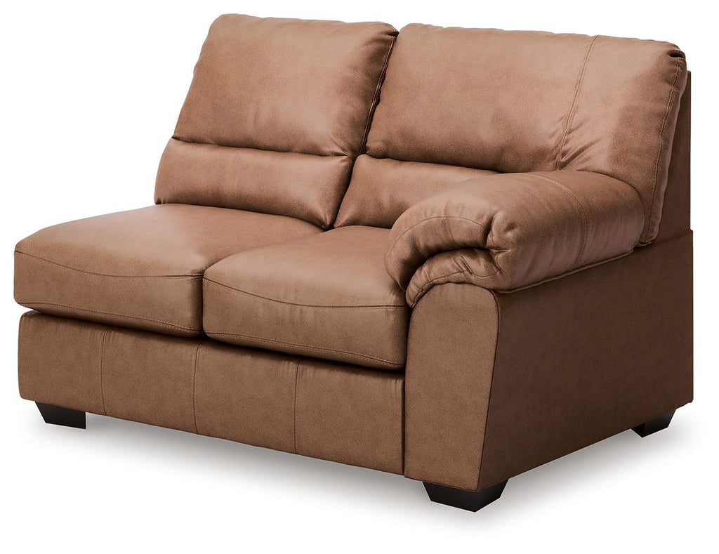Caramel upholstered loveseat with two seat cushions and rounded armrest