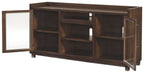 Brown TV stand with side cabinet doors and open center shelf bays