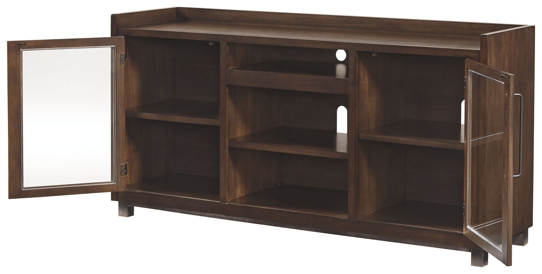 Brown TV stand with side cabinet doors and open center shelf bays
