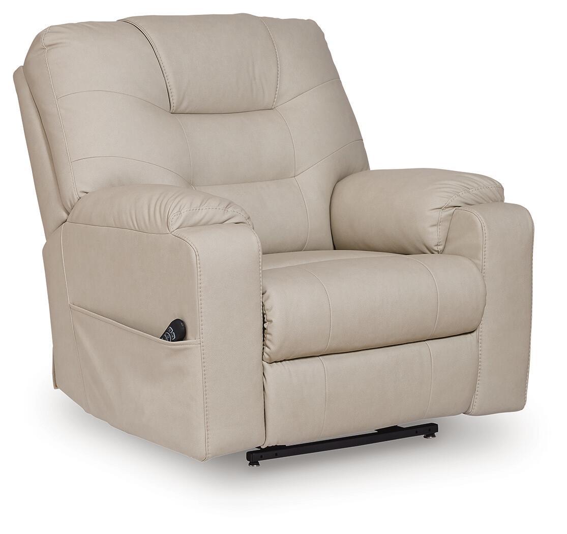 Beige power lift recliner with padded arms and side storage pocket.