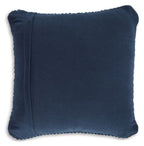 Navy blue square pillow with smooth woven front and stitched seam edge detail.