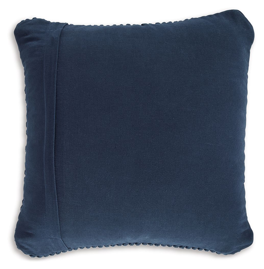 Navy blue square pillow with smooth woven front and stitched seam edge detail.