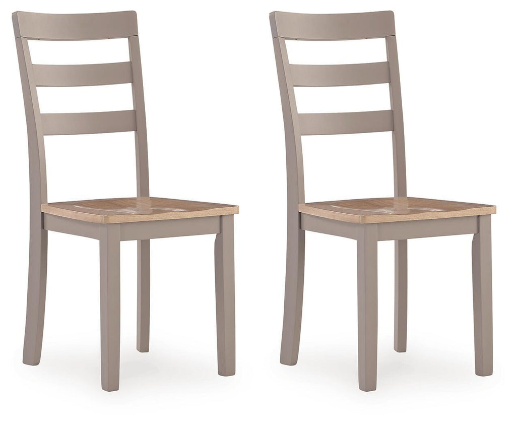 Dining room side chair pair with slatted back, light wood seat, gray frame