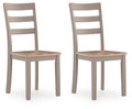 Dining room side chair pair with slatted back, light wood seat, gray frame