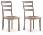 Dining room side chair pair with slatted back, light wood seat, gray frame
