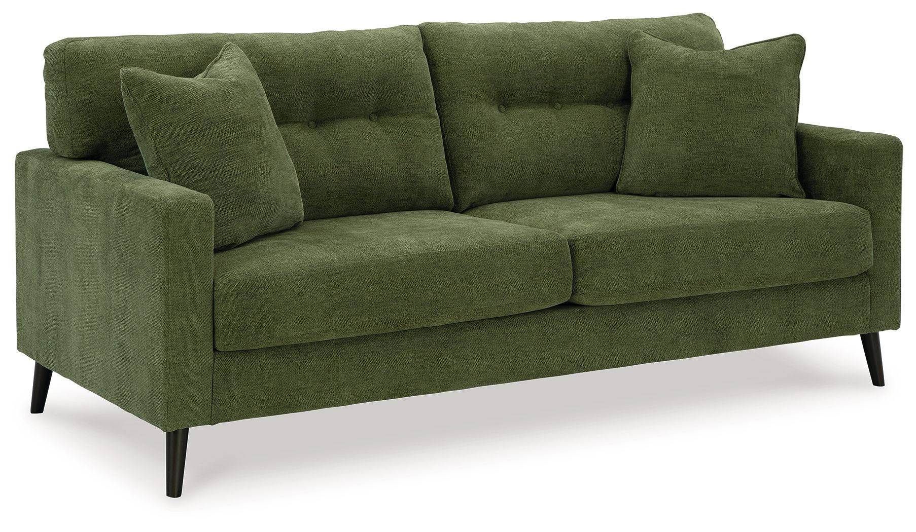 Olive green sofa with three seat cushions and four back pillows