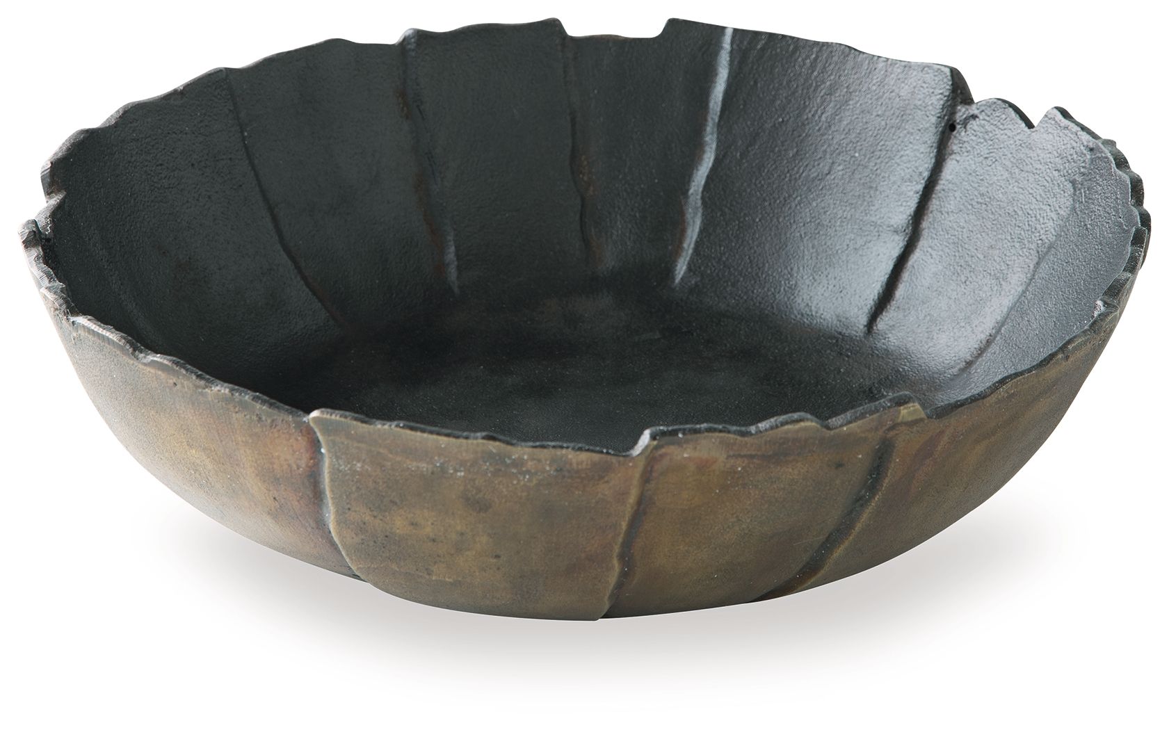 Scalloped metal bowl with dark black interior and antique gold exterior finish