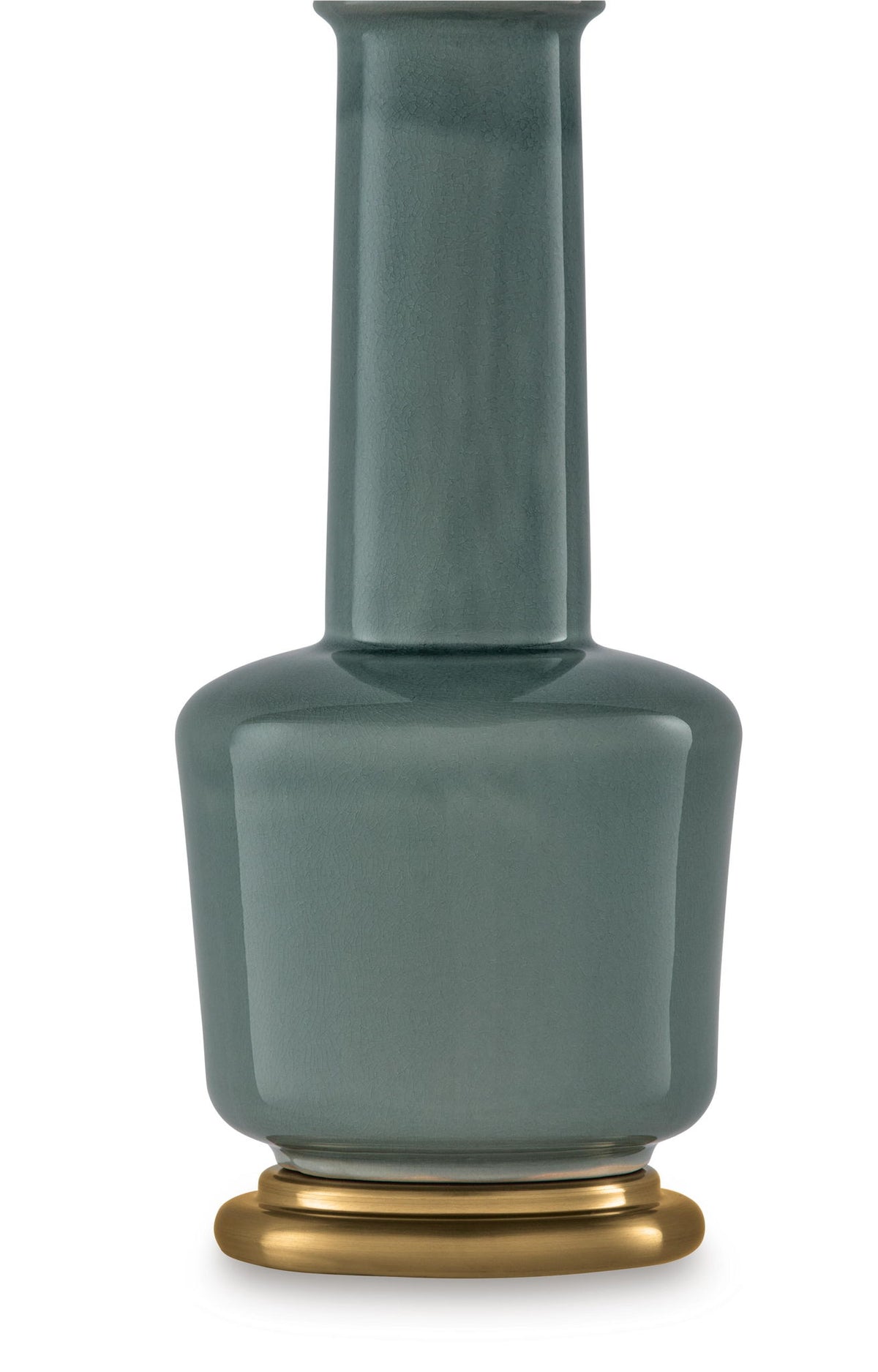 Teal ceramic lamp base with gold base ring and tall cylindrical neck