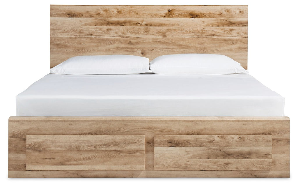 Beige storage bed with two front drawers and a white mattress