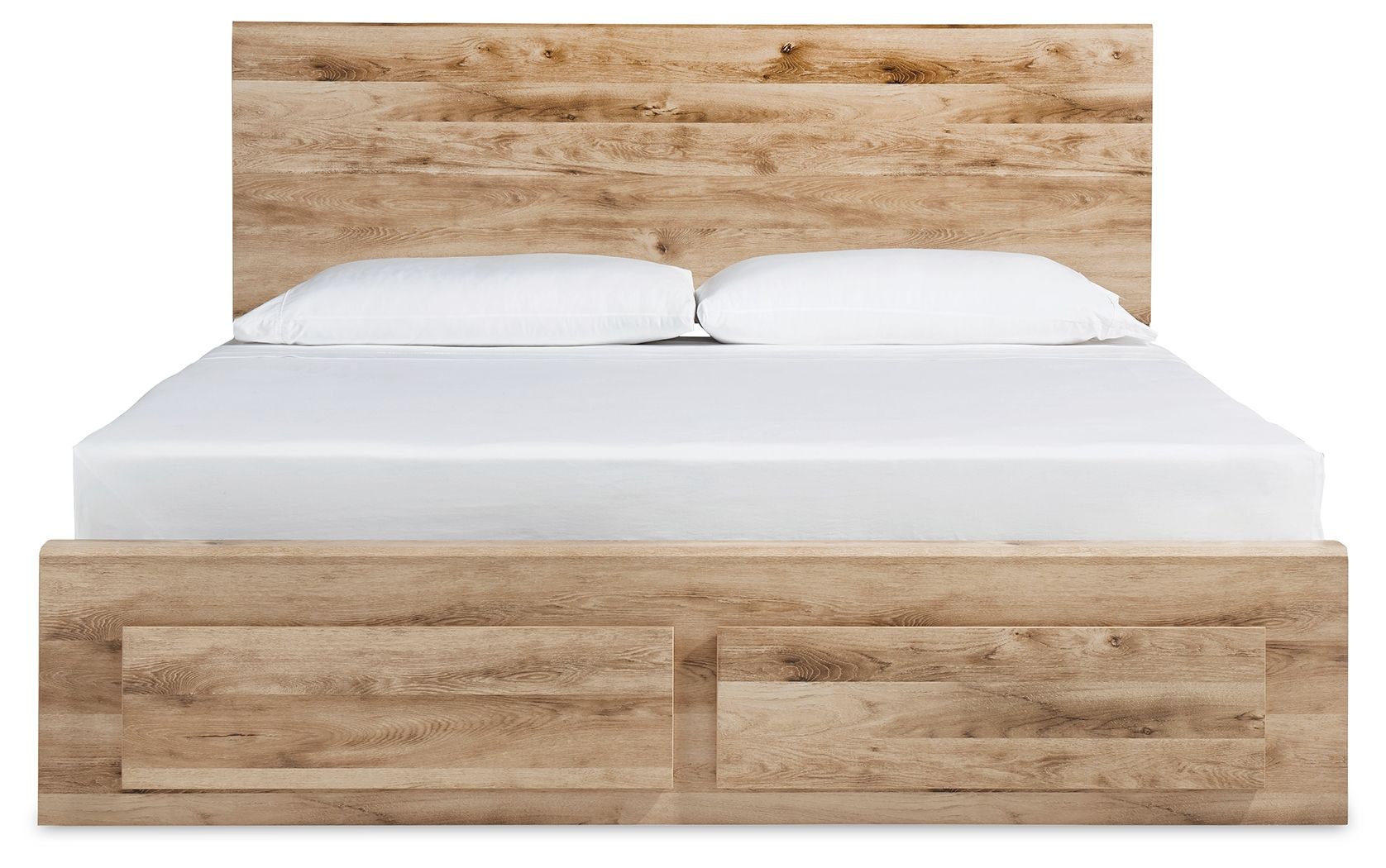 Beige storage bed with two front drawers and a white mattress