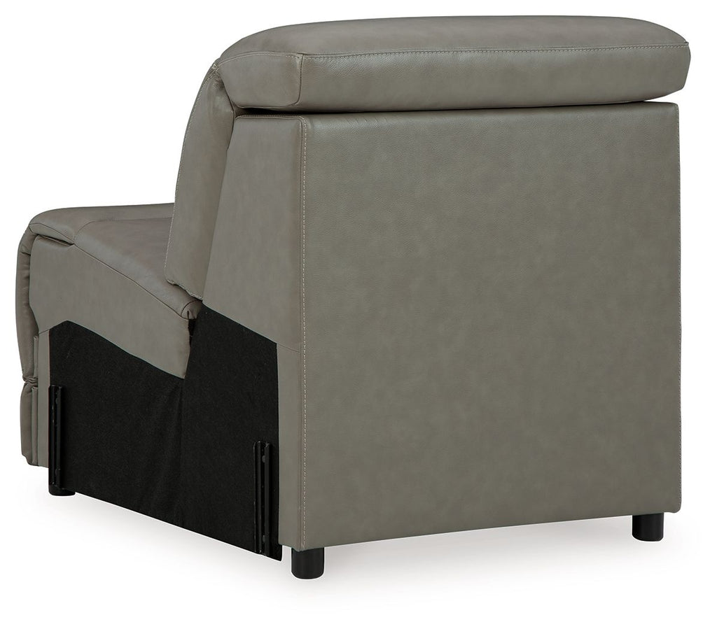 Gray armless upholstered chair with dark side panel and tall back cushion