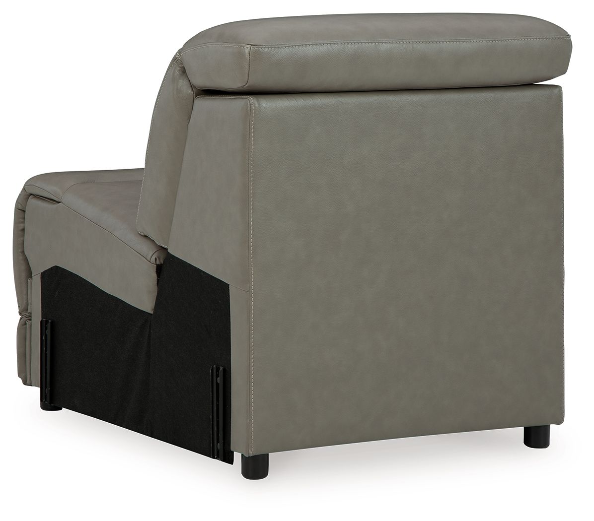 Gray armless upholstered chair with dark side panel and tall back cushion