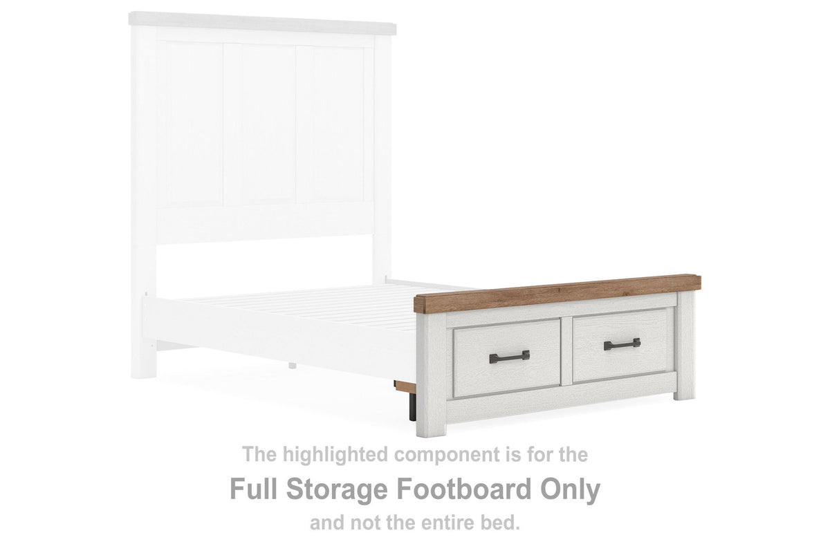 White storage footboard with brown top and two drawers with metal knobs