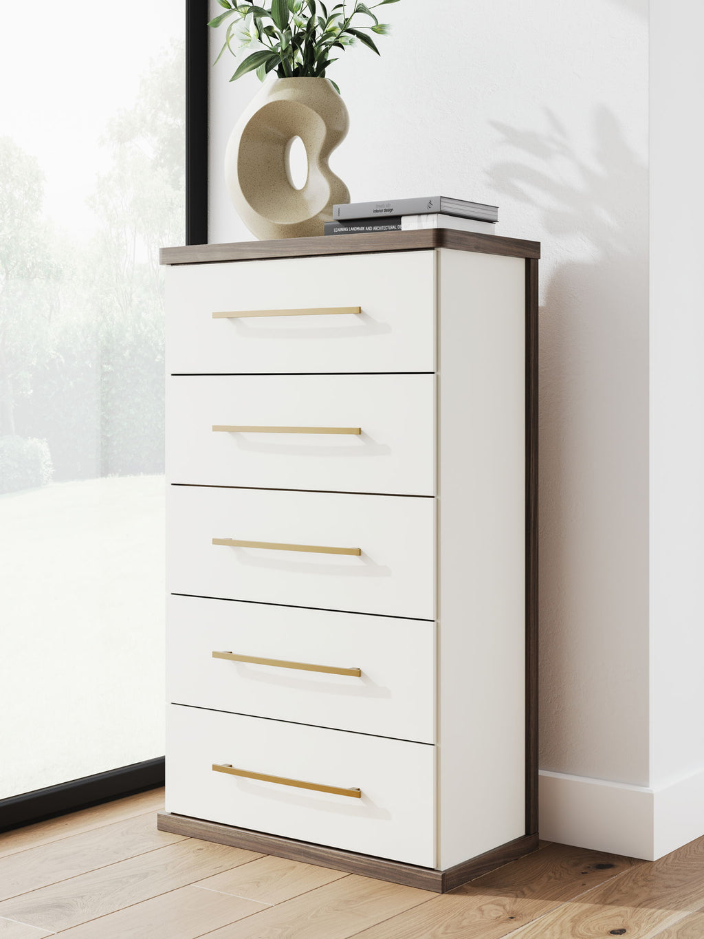 Brown and white five-drawer chest with five drawers and wood bar handles