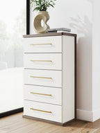 Brown and white five-drawer chest with five drawers and wood bar handles