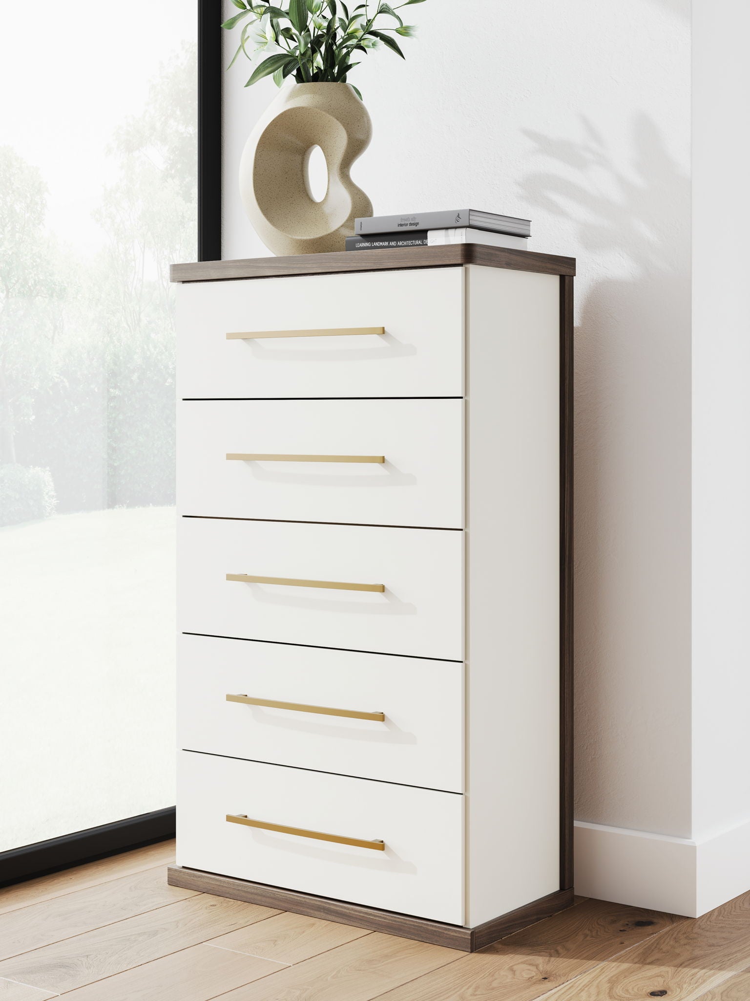 Brown and white five-drawer chest with five drawers and wood bar handles