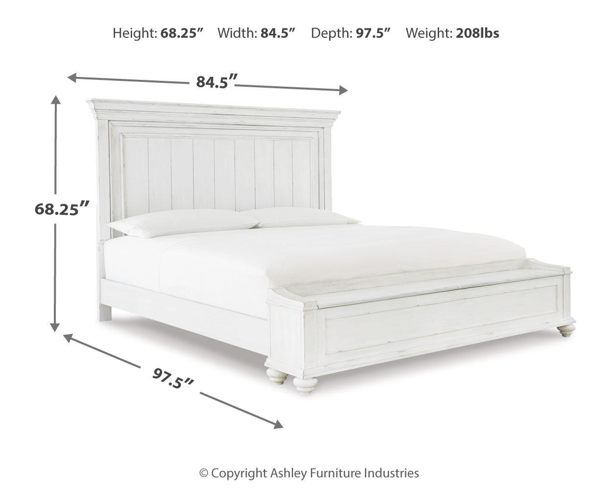 Kanwyn panel bed in white, wide paneled headboard and low slat platform with legs
