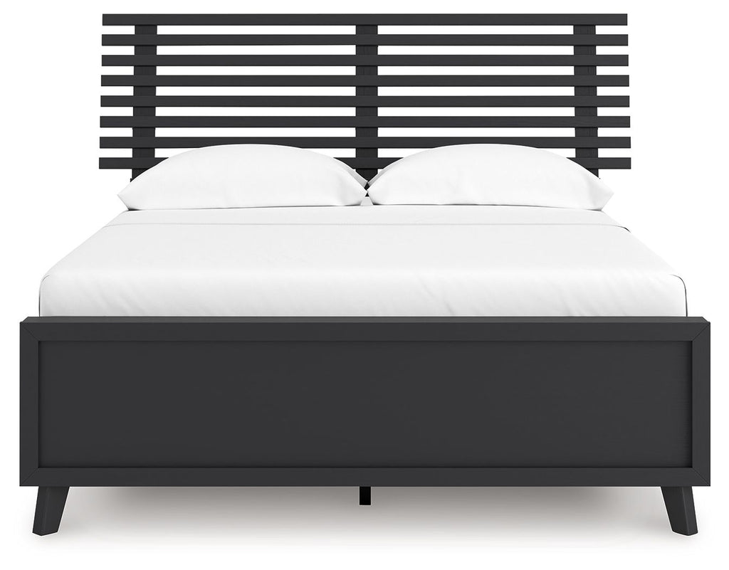 Black full slat panel bed with two pillows and slatted headboard, low side rails