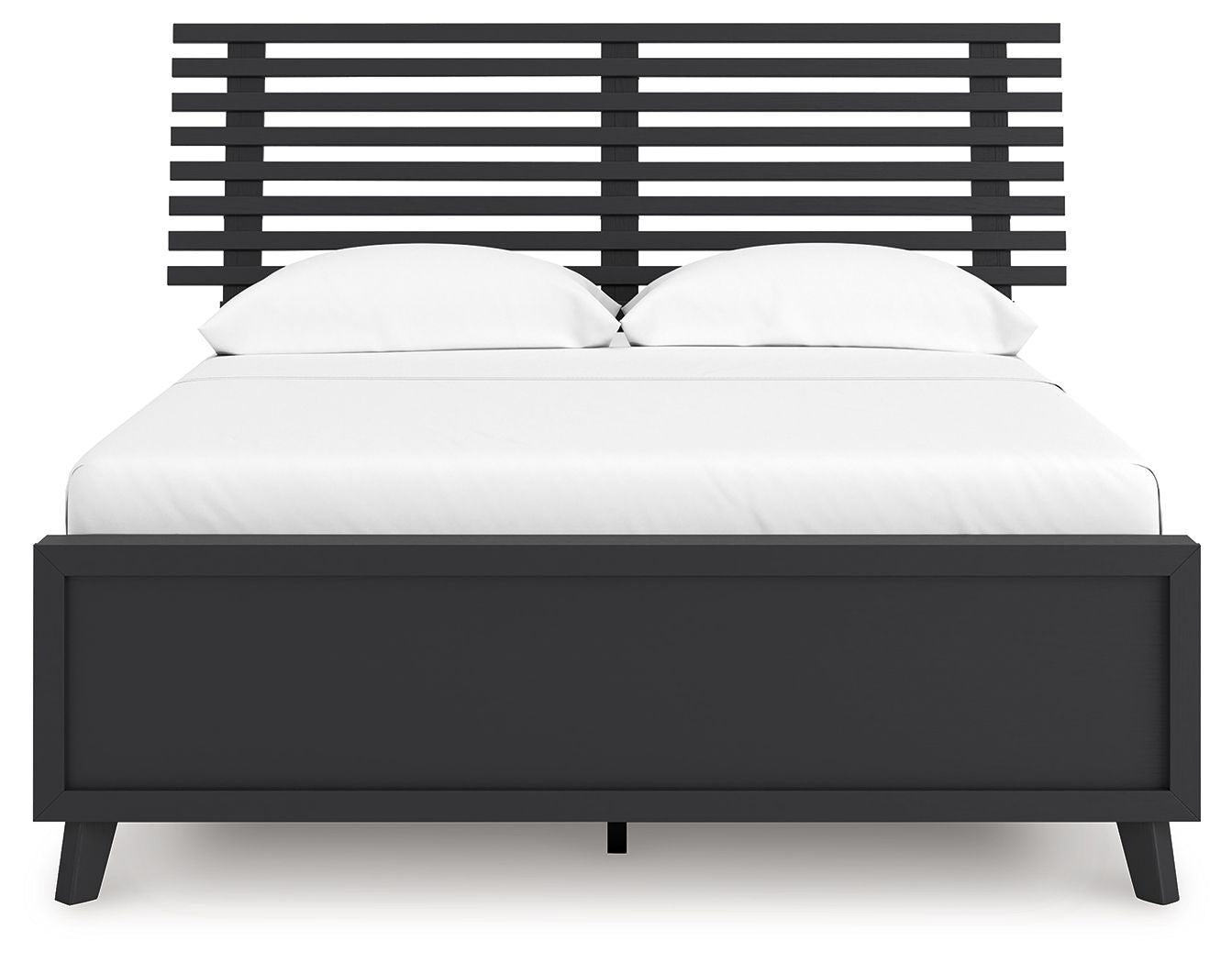 Black full slat panel bed with two pillows and slatted headboard, low side rails