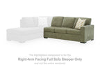 Moss green right-arm facing sofa sleeper with chaise extension and patterned accent pillow