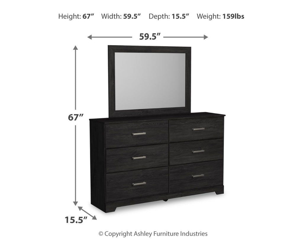 Black dresser with mirror and four drawers, silver bar pulls