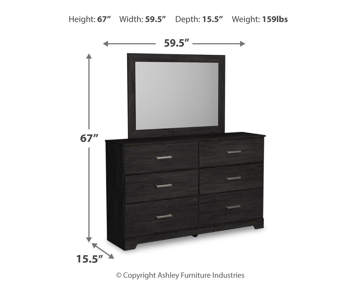 Black dresser with mirror and four drawers, silver bar pulls