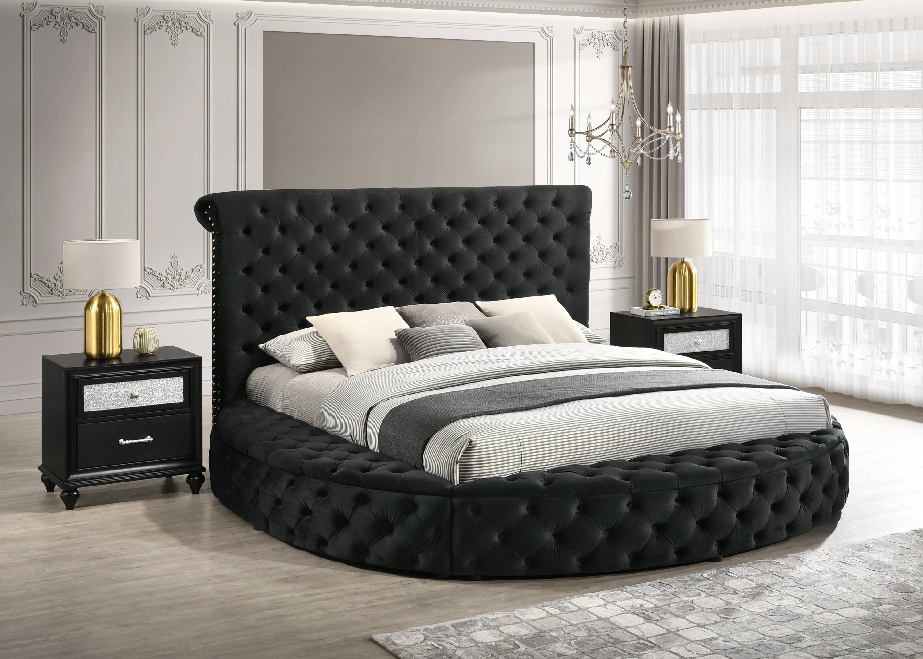 Black Velvet Tufted Queen Storage Bed w/ 2 Nightstands 3pc Set