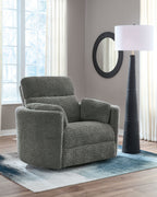 Swivel glider recliner chair in dark gray with rounded arms and textured boucle-like fabric