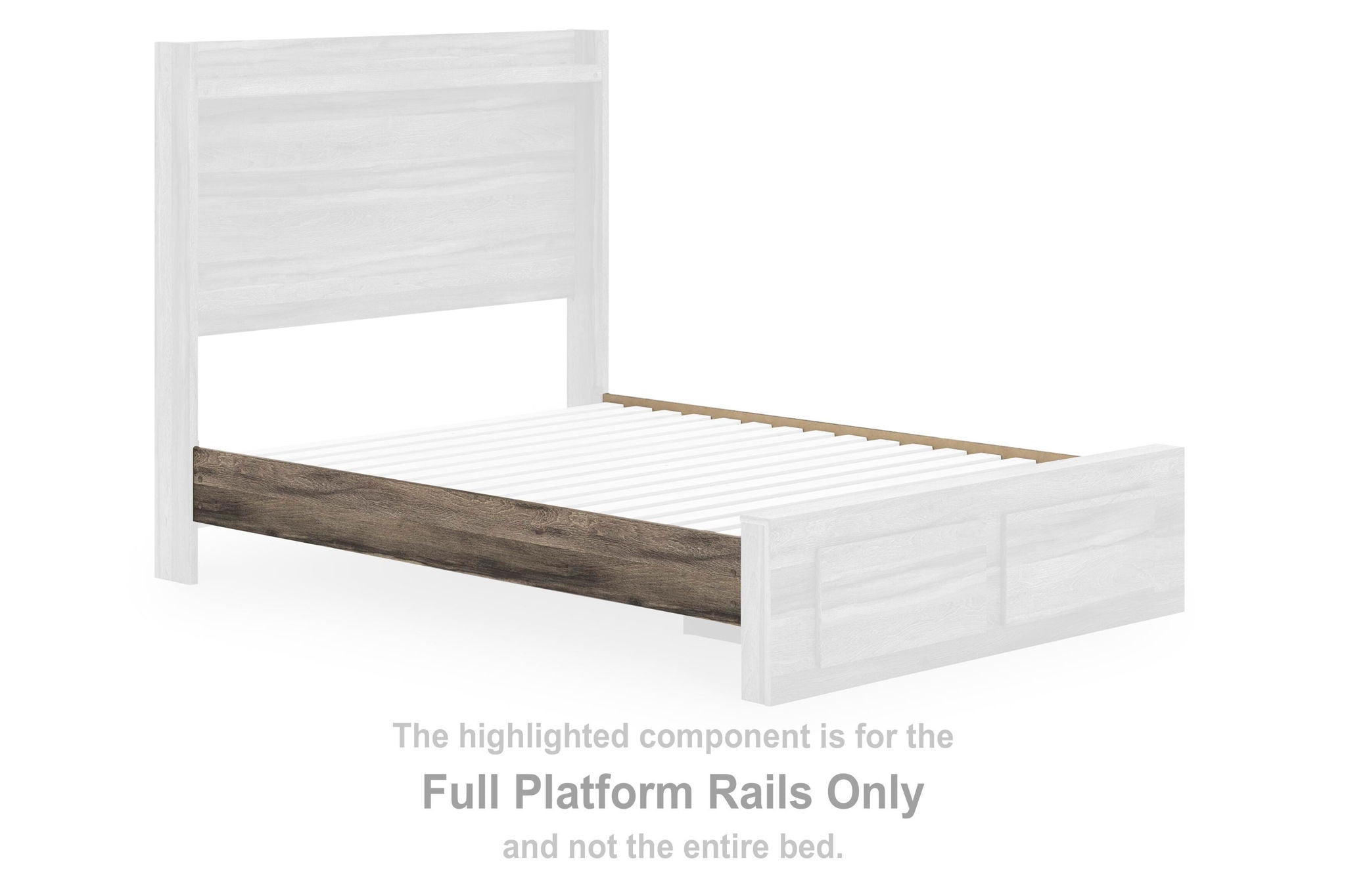 Elbrim full platform rails in brown wood, shown as bed frame side panel