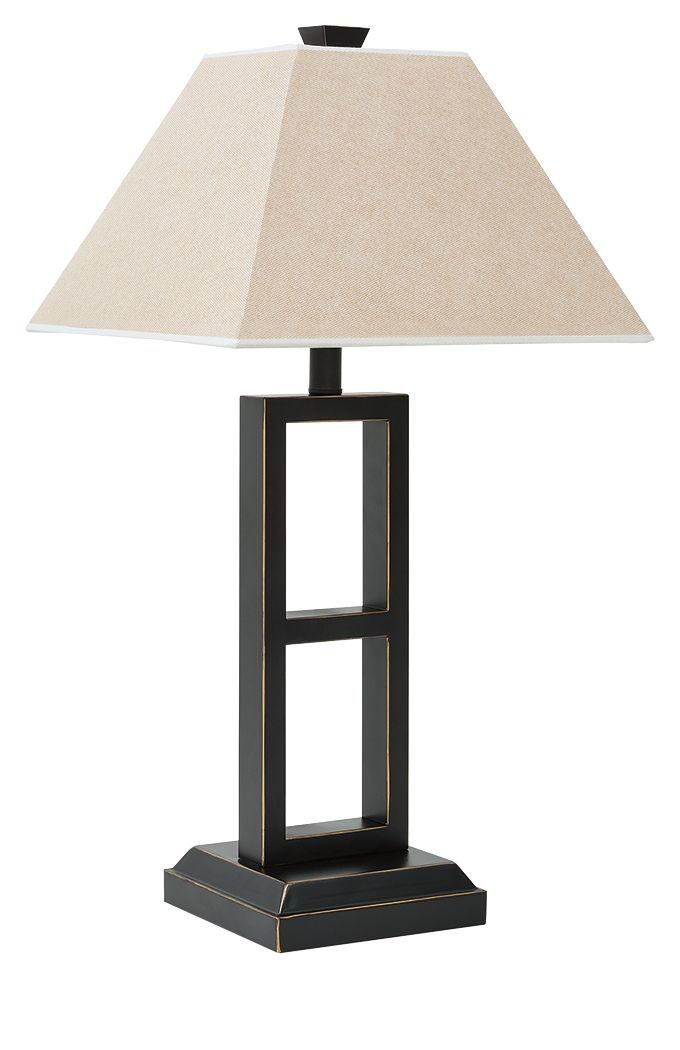 Black metal table lamp with tan fabric shade and rectangular glass window panels