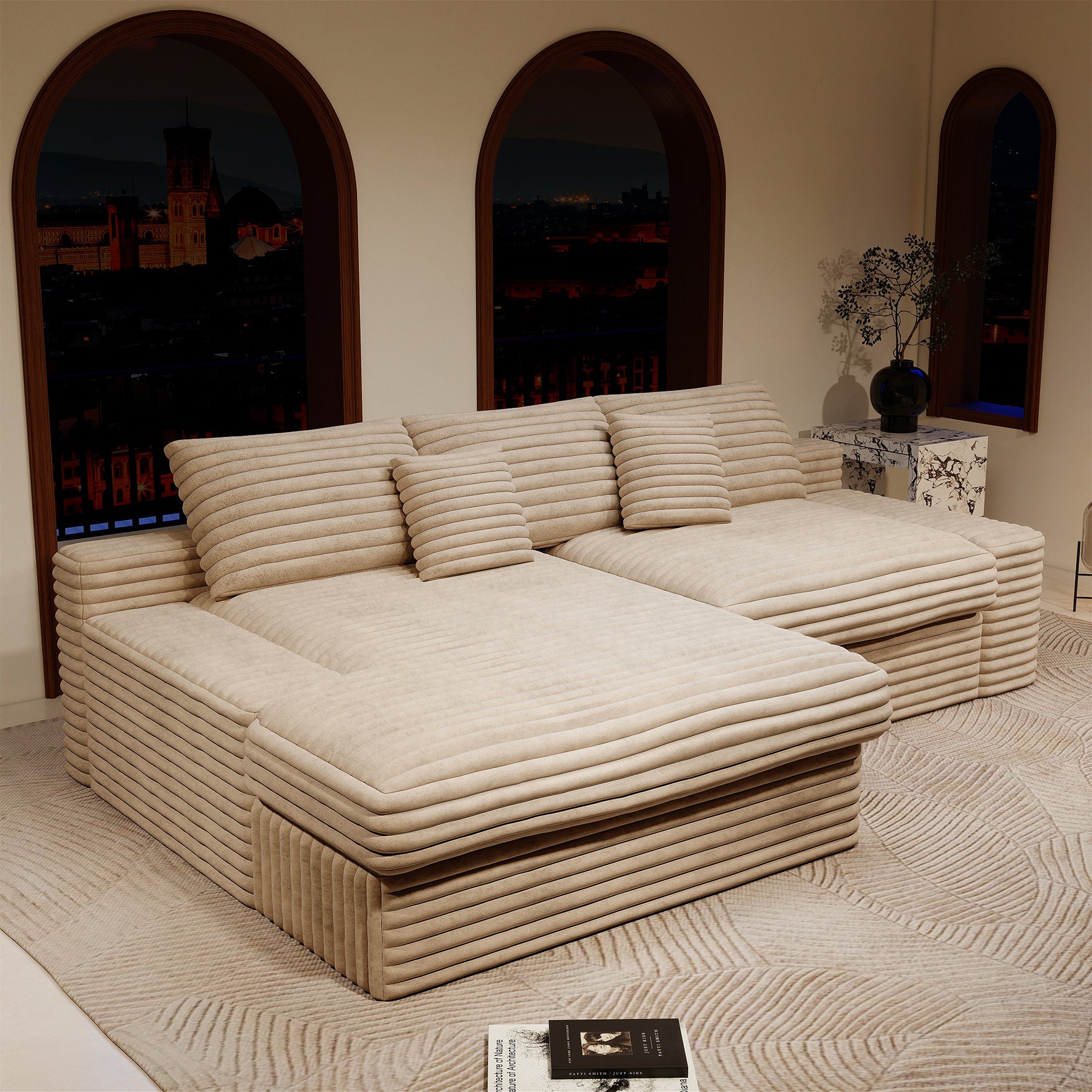 Beige Plush Corduroy Modular Sectional Sofa No Assembly