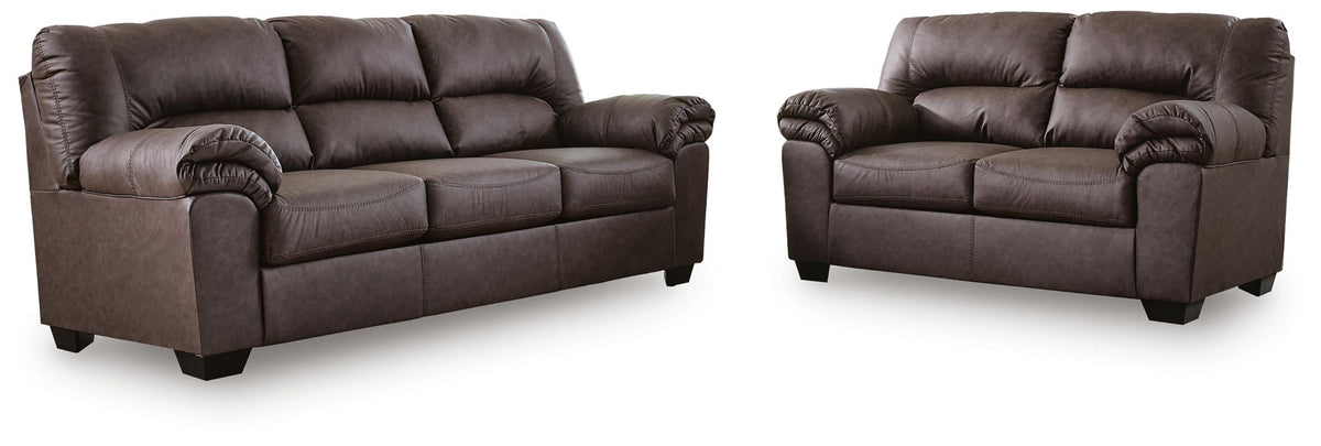 Upholstered living room sofa and recliner set in dark brown with cushioned arms.