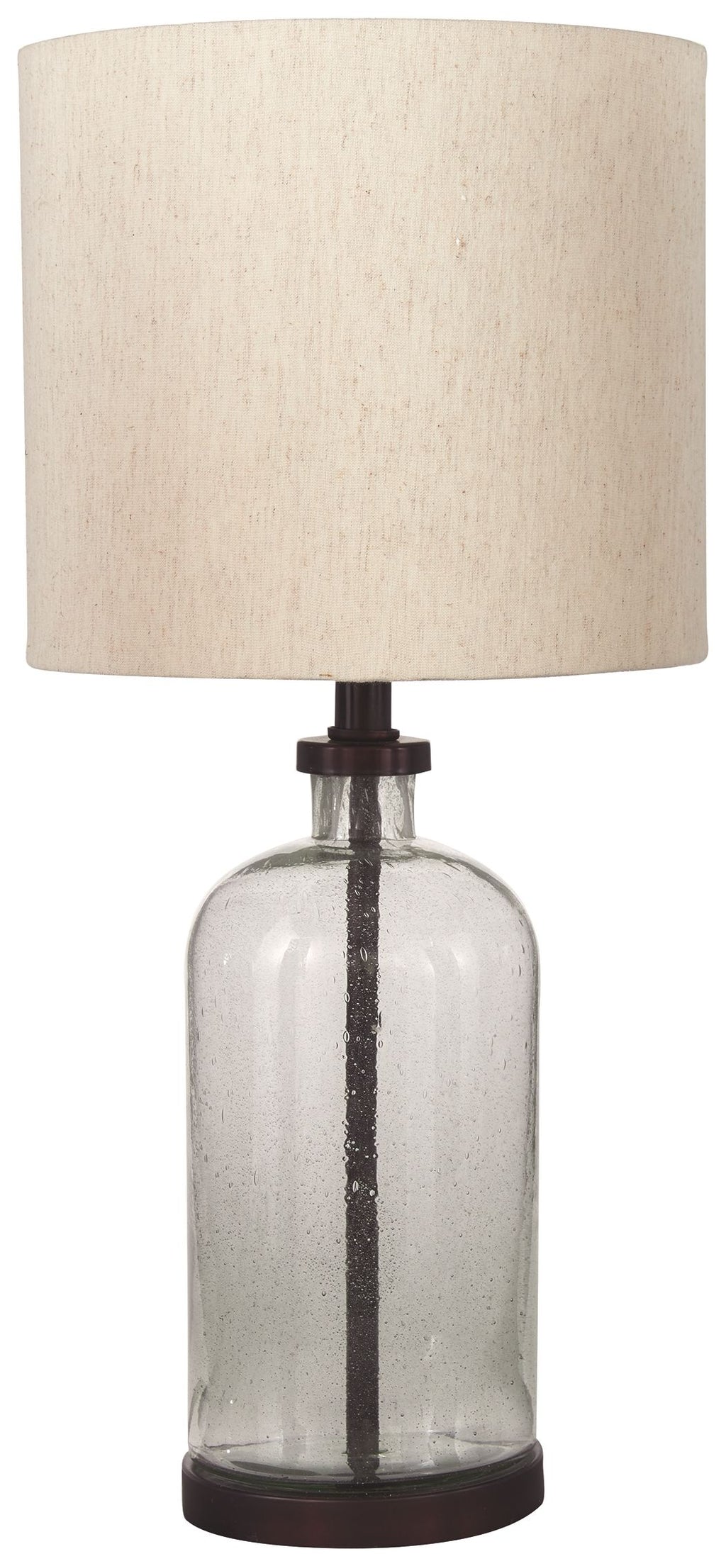 Clear glass table lamp with beige fabric shade and bronze base